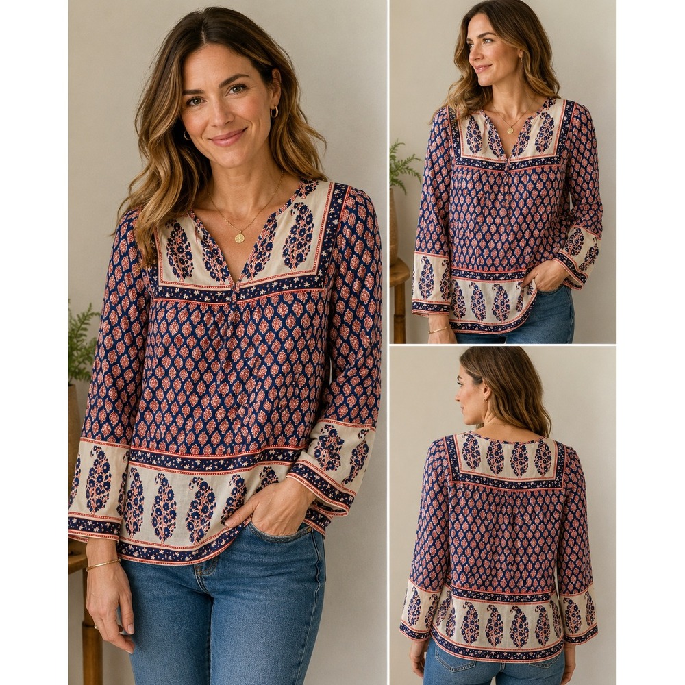 J.Crew Paisley Block Print Top 4 Navy Red White Boho Coastal V-Neck Blouse